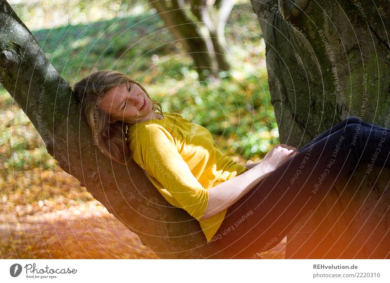 Young woman sitting in a tree Woman Adults 18 - 30 years Youth (Young adults) Environment Nature Autumn Beautiful weather Tree Human being Leisure and hobbies