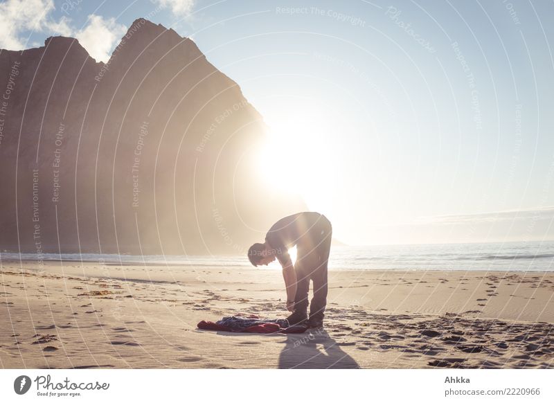 Young man, beach, back light, sun, northern sea, mountains, Lofoten Vacation & Travel Trip Adventure Freedom Summer vacation Youth (Young adults) Nature Horizon