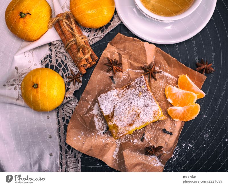tangerine pie And cup of coffee Fruit Dessert Nutrition Breakfast Beverage Hot drink Coffee Mug Table Wood Eating Fresh Delicious Natural Brown Yellow Black