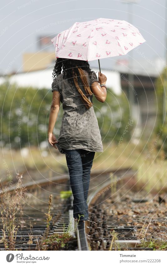 summer rain Feminine Young woman Youth (Young adults) Back 18 - 30 years Adults Umbrella Black-haired Curl Simple Wet Natural Happy Joie de vivre (Vitality)