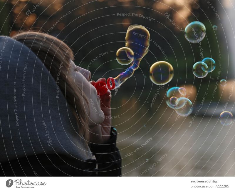 Last autumn sun - person in the evening light blowing soap bubbles into the air Joy Happy Well-being Calm Trip Freedom Young woman Youth (Young adults) Life