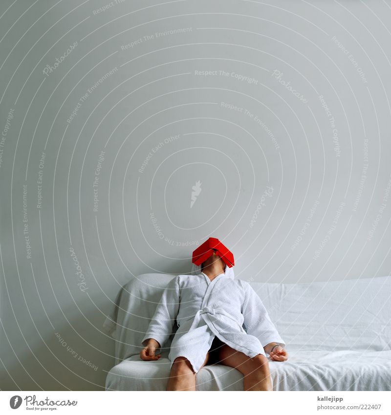 trivial literature 1 Human being Sit Sleep Book Literature Bathrobe Sofa Relaxation Sauna Blanket Folds Reading To tire out Banal Dream Red Colour photo