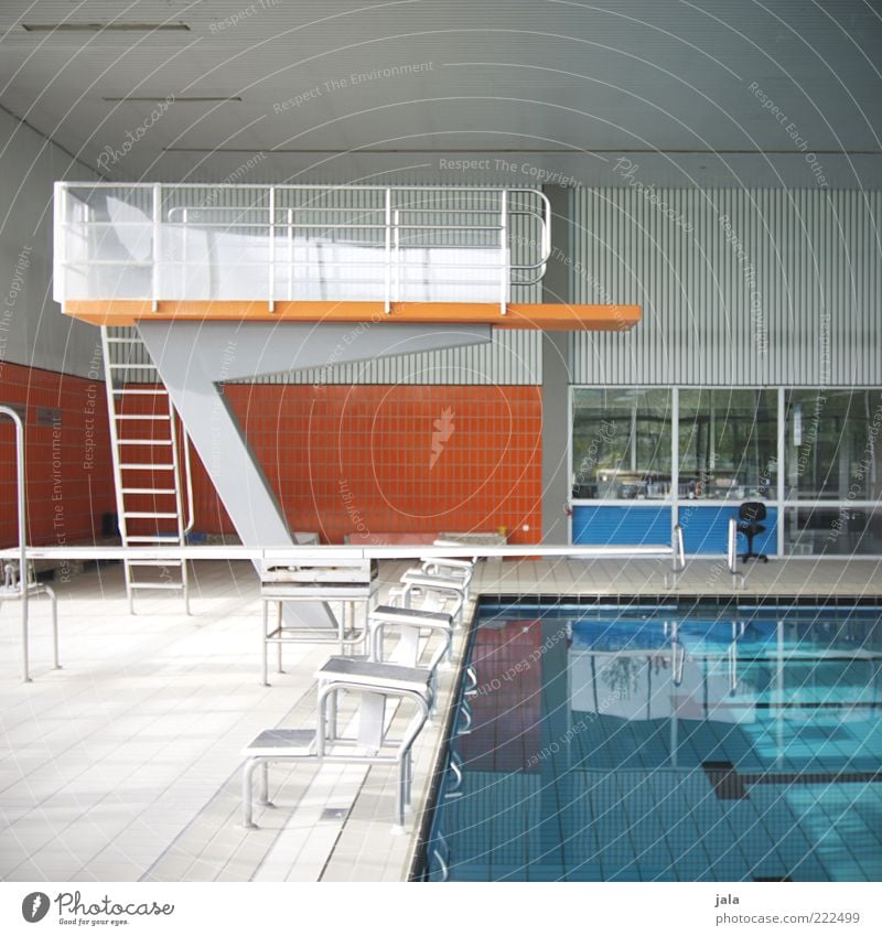 diving platform Springboard Swimming pool Building Small Blue Gray Orange Colour photo Interior shot Deserted Day Indoor swimming pool Ladder Tile