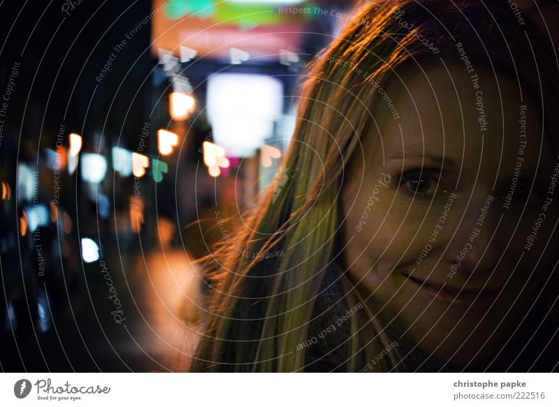 Lovely Bokeh Night life Going out Human being Young woman Youth (Young adults) Face 1 18 - 30 years Adults Town Blonde Exceptional Colour photo Exterior shot