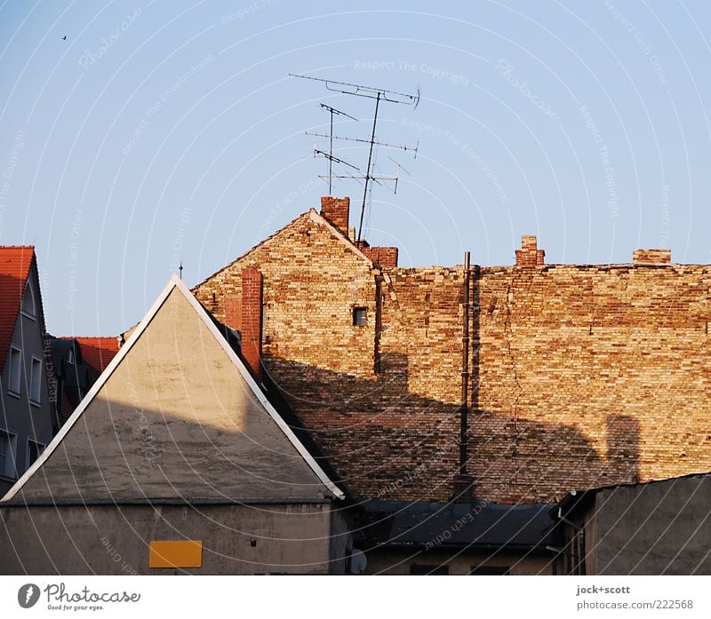 Wittenberg No.444 Cloudless sky Old town Facade Chimney Antenna Fire wall Brick Gloomy Brick wall Gable Ravages of time Shadow play Neutral Background Sunlight