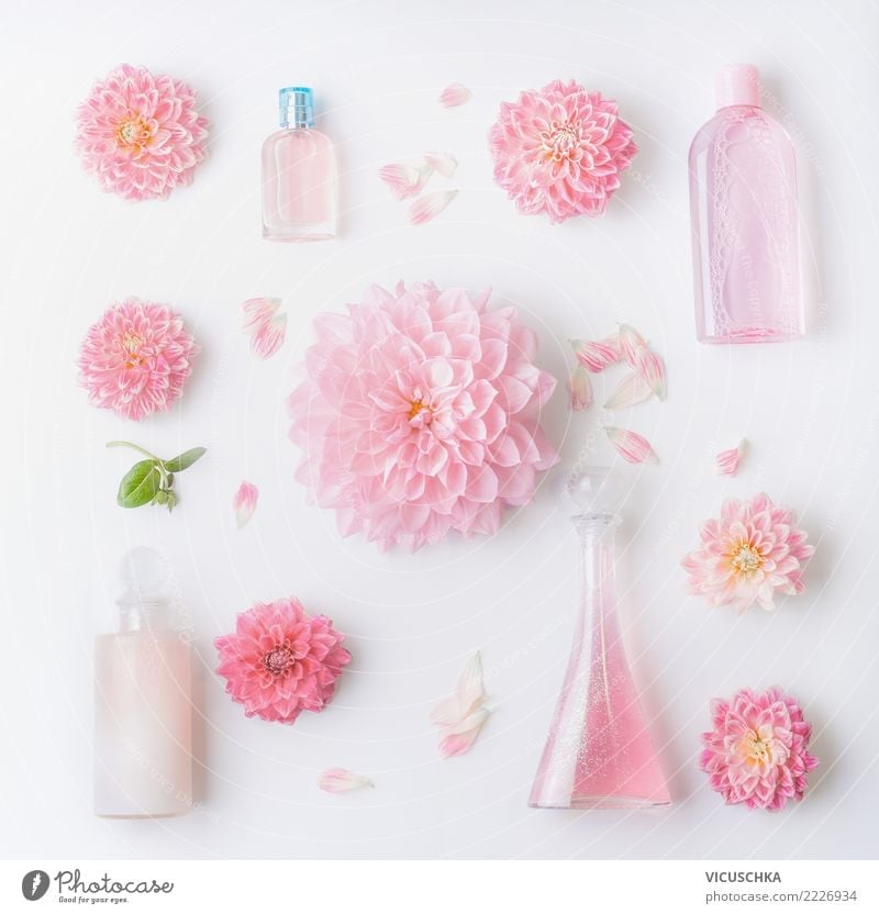 Pink natural cosmetics products with flowers Shopping Elegant Style Design Beautiful Personal hygiene Cosmetics Perfume Cream Healthy Decoration Ornament Flower
