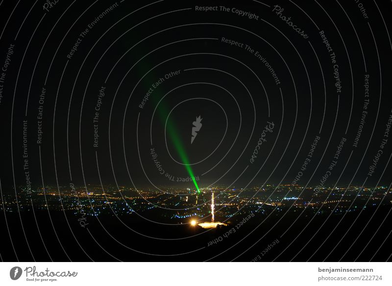 Green laser between the night lights of a city House (Residential Structure) Mystery Night shot Laser Kassel Kassel district Vantage point Panorama (View)