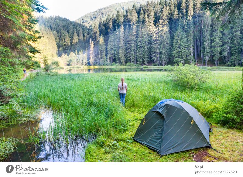 Young woman near green tent and forest lake Lifestyle Joy Beautiful Healthy Health care Wellness Relaxation Leisure and hobbies Vacation & Travel Tourism Trip