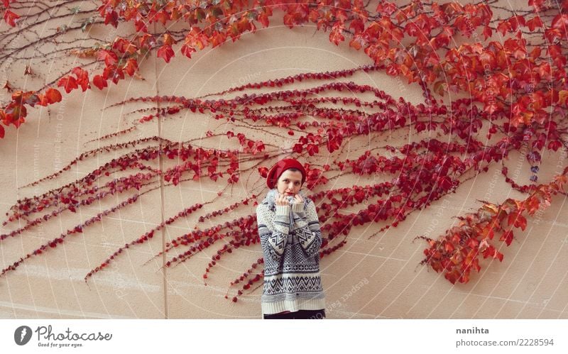 young woman posing near a red ivy Human being Feminine Young woman Youth (Young adults) 1 18 - 30 years Adults Nature Plant Autumn Winter Ivy Leaf