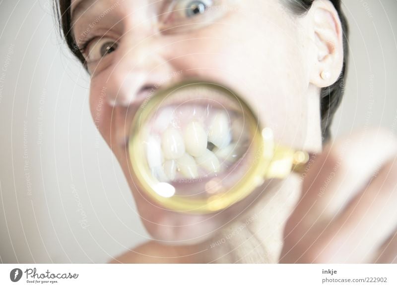 showing teeth Beautiful Face Healthy Life Human being Mouth Teeth 1 Magnifying glass Observe Discover Looking Exceptional Bright Uniqueness Funny Near Clean