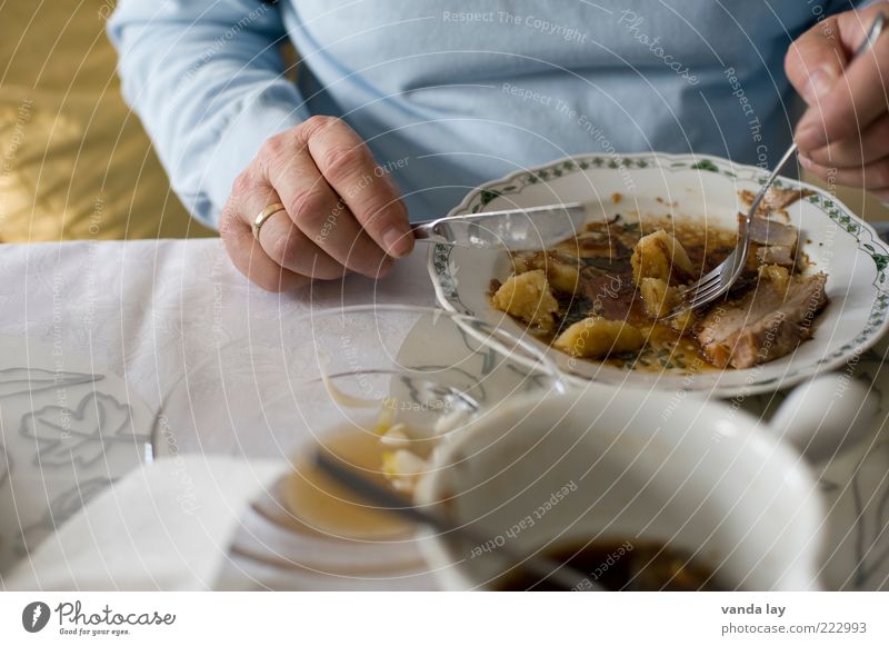 holiday roast Food Nutrition Eating Lunch Dinner Banquet Roast pork Dumpling Crockery Plate Living or residing Flat (apartment) Human being Man Adults Hand 1