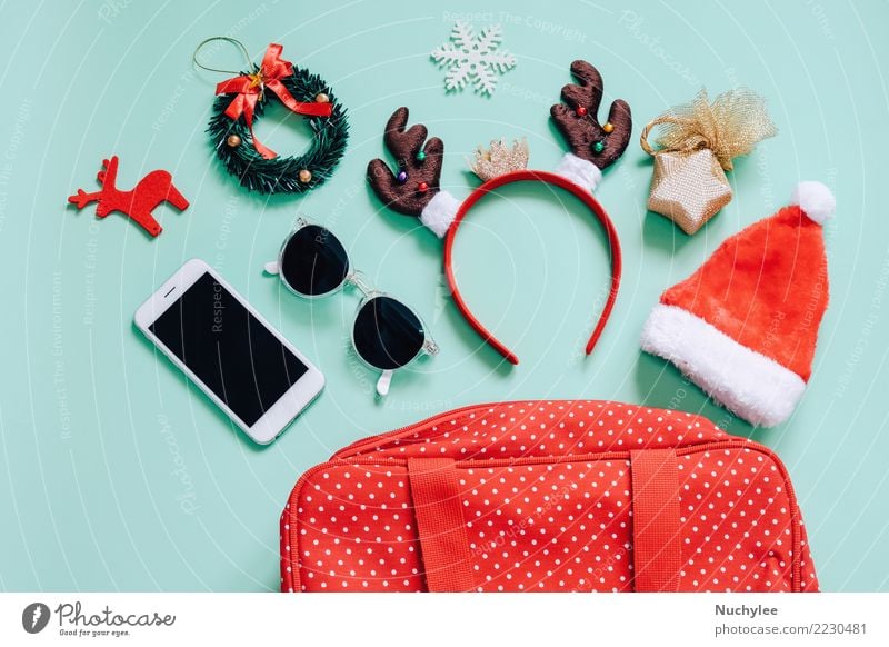 Holiday concept, Flat lay of Christmas ornaments Style Joy Make-up Decoration Feasts & Celebrations Christmas & Advent Telephone PDA Technology Feminine Woman