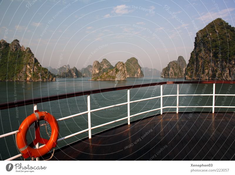 Panorama of Halong Bay Far-off places Freedom Cruise Ocean Island Waves Vietnam Asia Landscape Water Sky Horizon Summer Beautiful weather Hill Mountain