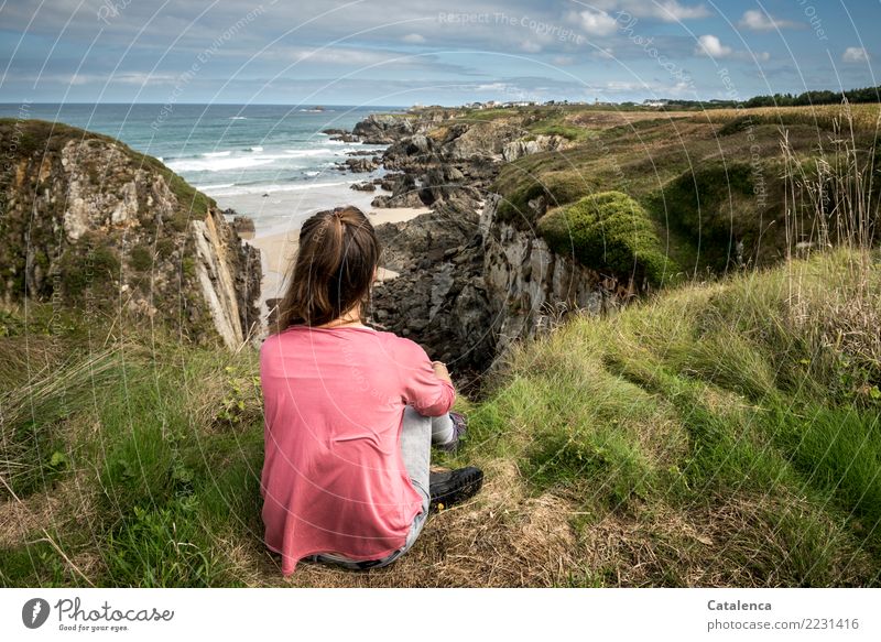 Contemplation, young woman looking into the bay Summer vacation Hiking Feminine 1 Human being Landscape Sand Water Sky Horizon Beautiful weather Grass Bushes