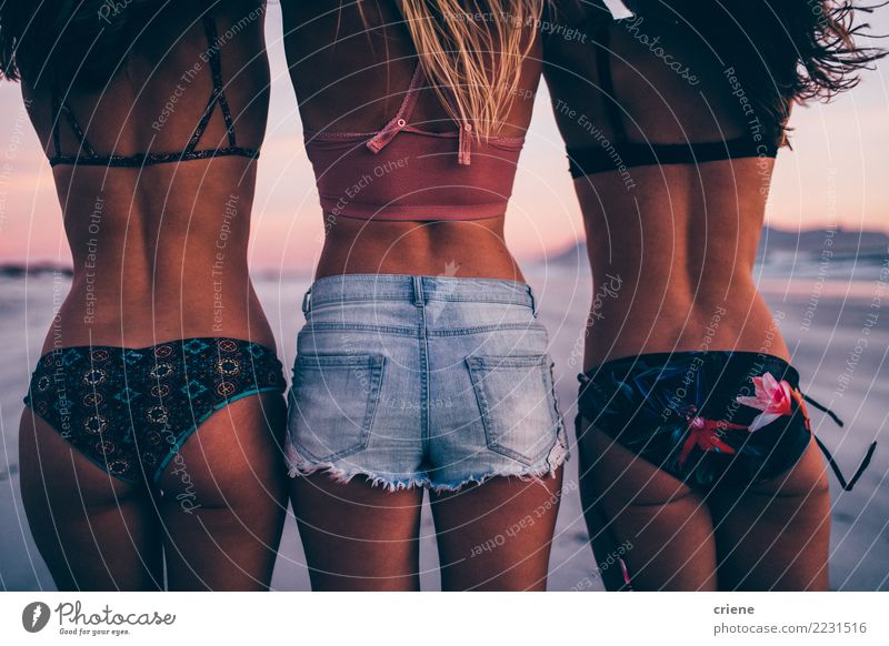 Back view of group of female friends in bikini at beach Vacation & Travel Summer Beach Friendship Bikini Embrace Together Relationship Sunset Colour photo