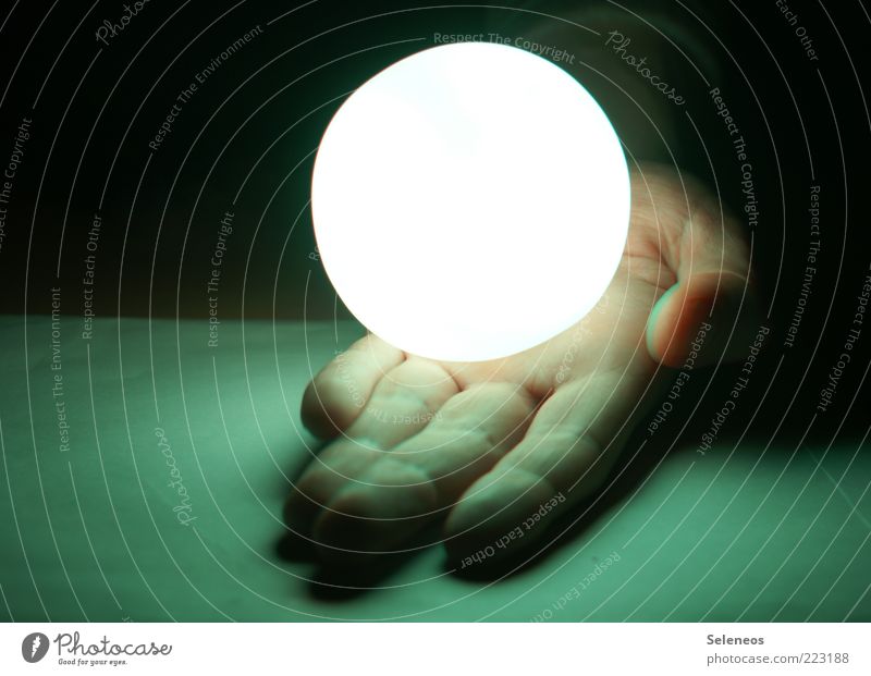 big white dot Technology Advancement Future Energy industry Human being Hand Fingers Kitsch Odds and ends Glittering Illuminate Dark Bright Small Globe light