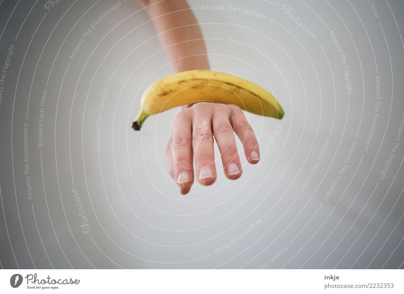 balanced diet 1 Banana Hand Balance Balanced Nutrition Colour photo Fresh Exceptional Bright background Isolated Image Copy Space Mature Lie Close-up White