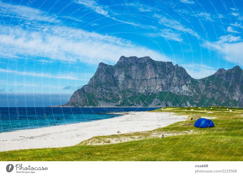 Utakleiv Beach on the Lofoten in Norway Vacation & Travel Tourism Camping Ocean Mountain Nature Landscape Water Clouds Grass Meadow Rock Idyll Environment