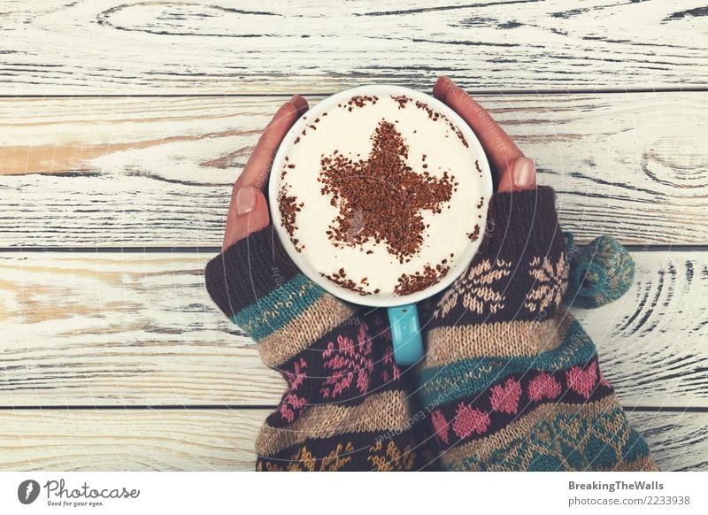 Woman hands hugging big cup of cappuccino coffee Breakfast To have a coffee Beverage Drinking Hot drink Coffee Latte macchiato Cup Mug Human being Feminine