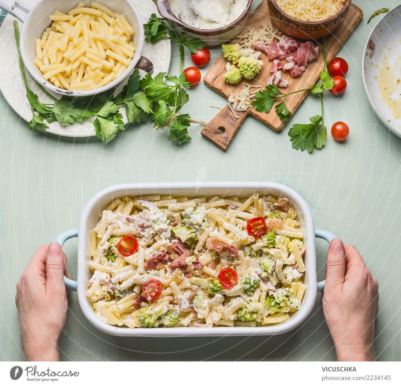Pasta gratin with vegetables and ham Food Meat Vegetable Herbs and spices Nutrition Lunch Dinner Crockery Pot Style Design Table Kitchen Feminine Woman Adults