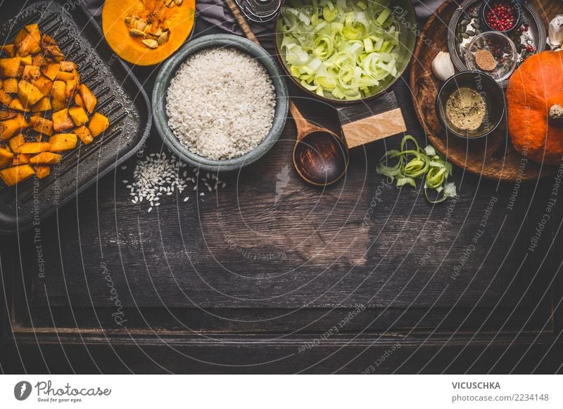 Ingredients for pumpkin risotto Food Vegetable Nutrition Lunch Dinner Organic produce Vegetarian diet Italian Food Crockery Bowl Pot Spoon Style Design