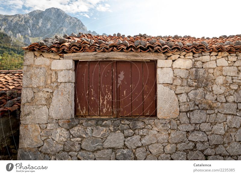 Closed shutters of a stone house in the mountains Mountain Hiking House (Residential Structure) Landscape Summer Peak Village Wall (barrier) Wall (building)