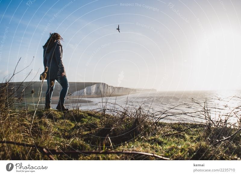 Woman standing on white cliffs by sea in England Lifestyle Harmonious Well-being Contentment Senses Relaxation Calm Vacation & Travel Adventure Far-off places