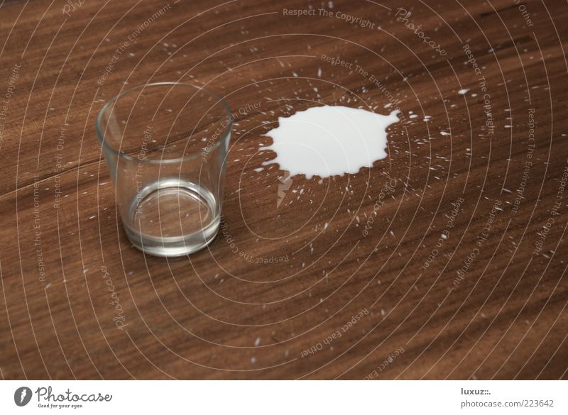 Half full or half empty? Milk Daub Glass Drop Spill Clumsy Error Thirsty Empty Full Patch Beverage Lose Neutral Background Wood Side Inject Copy Space bottom