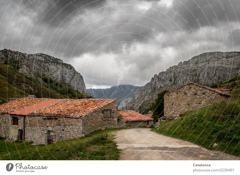 majadas Mountain Hiking Environment Landscape Earth Clouds Summer Bad weather Grass Bushes national park picos de europe Village Deserted Hut Barn Roof