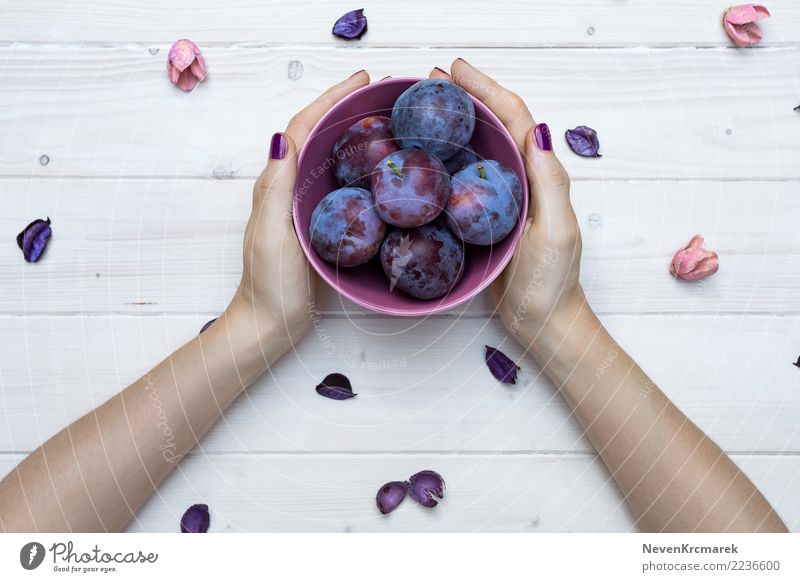 Female hands holding a bowl of plums Food Fruit Plum Nutrition Eating Breakfast Lunch Dinner Organic produce Diet Bowl Pot Cup Mug Healthy Healthy Eating Table