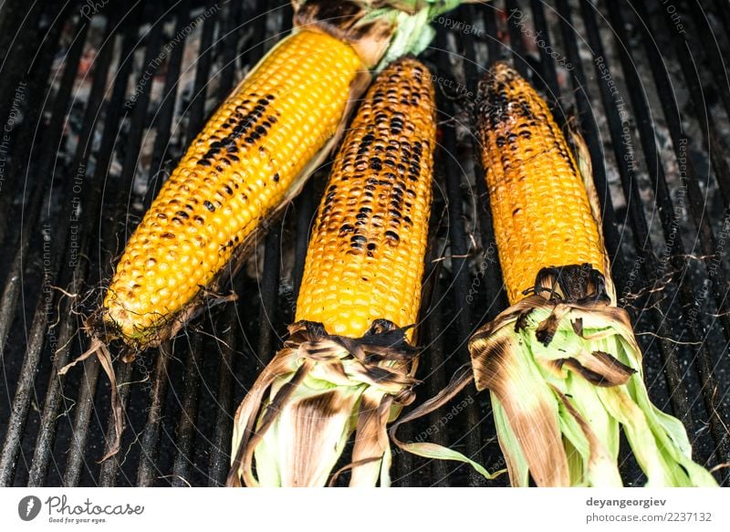 Roasted corn on the grill Vegetable Summer Fresh Hot Delicious Yellow roasted BBQ barbecue sweet food cob cooking healthy Meal picnic fire barbeque Tasty Snack