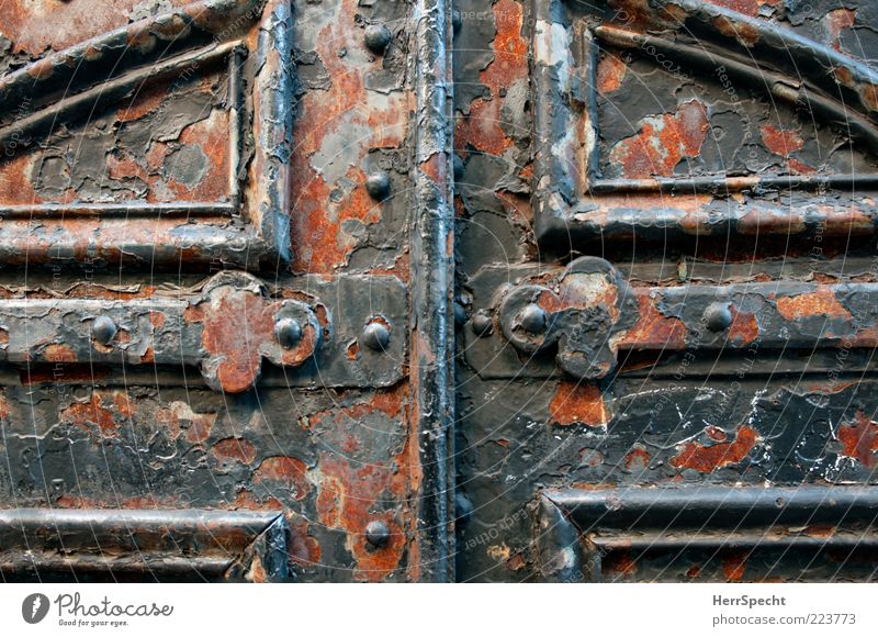 Gateway to eternity Door Metal Old Broken Beautiful Brown Gray Black Rust Metal fitting Closed Paintwork Derelict Iron gate Heavy Massive Safety Colour photo