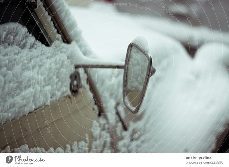 Mirror, mirror Winter Ice Frost Snow Means of transport Vehicle Car Freeze Cold White Side mirror Distorted Retro Old Vintage car Colour photo Subdued colour