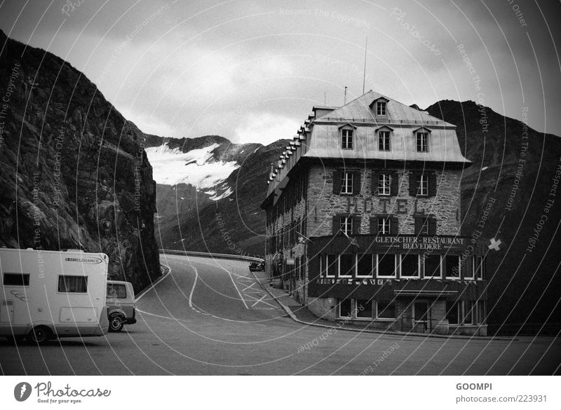 High Hotel Mountain Glacier Switzerland House (Residential Structure) Fear hotel Street Black & white photo Exterior shot Deserted Day
