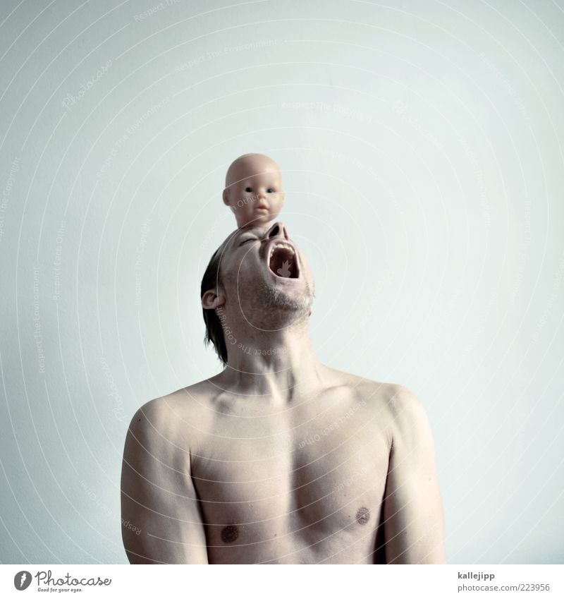 head birth Human being Man Adults Life Head 2 30 - 45 years Scream Birth Doll doll's head child's head Pain Torment Naked Colour photo Subdued colour