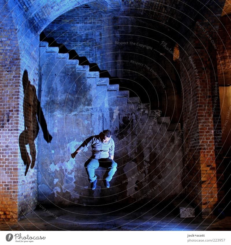 jumping rope Wall (building) Stairs Brick Movement To fall Jump Exceptional Fantastic Emotions Center point Time Illumination Illusion Reaction Experimental