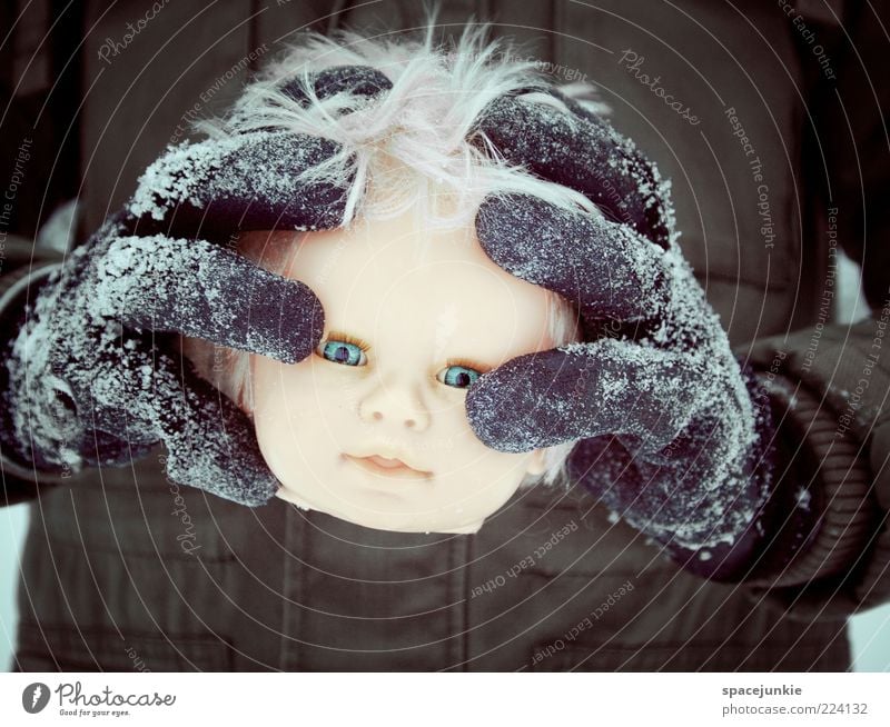 i found my head Doll Blonde Creepy Funny Gloomy Crazy Fear doll's head Head Lose Cold Winter Looking Headless Colour photo Exterior shot Copy Space bottom