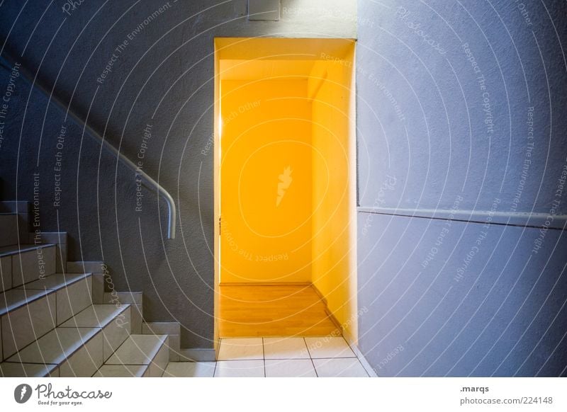 little door Interior design Wall (barrier) Wall (building) Stairs Door Illuminate Blue Yellow Banister Surprise Mysterious Exit route Way out Emergency exit