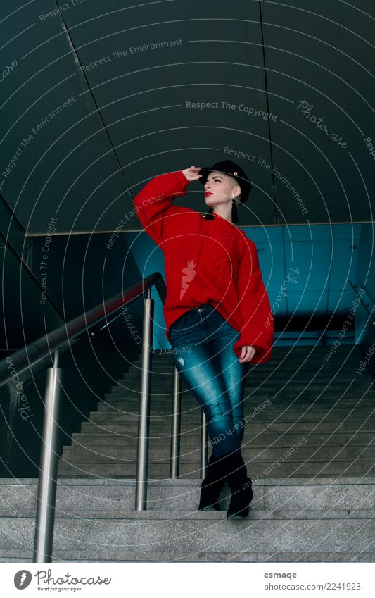 Model pose in stairs Lifestyle Style Joy Human being Feminine Young woman Youth (Young adults) Stairs Fashion Clothing Workwear Hat Blue Red Happiness