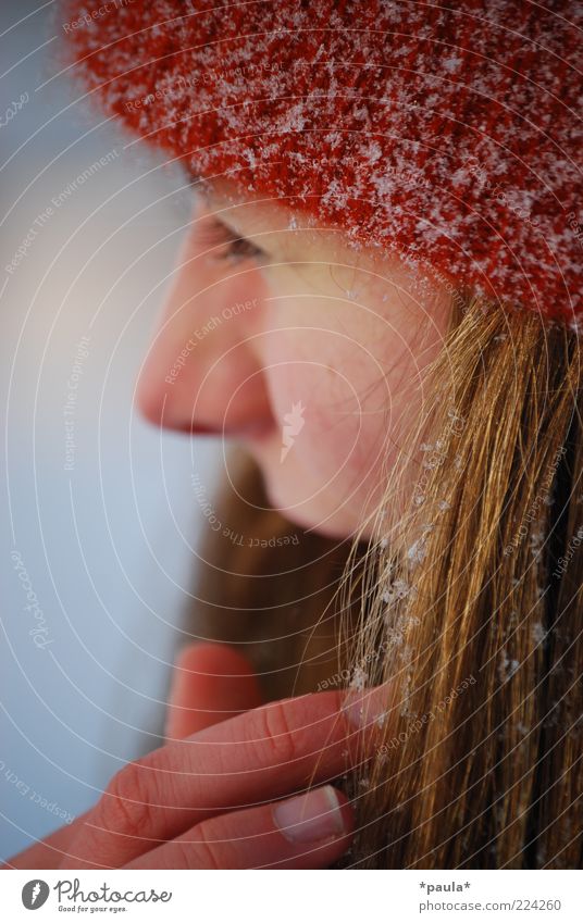On a winter's day. Feminine Young woman Youth (Young adults) Head Face 1 Human being 18 - 30 years Adults Winter Snow Cap Brunette Long-haired Observe Touch
