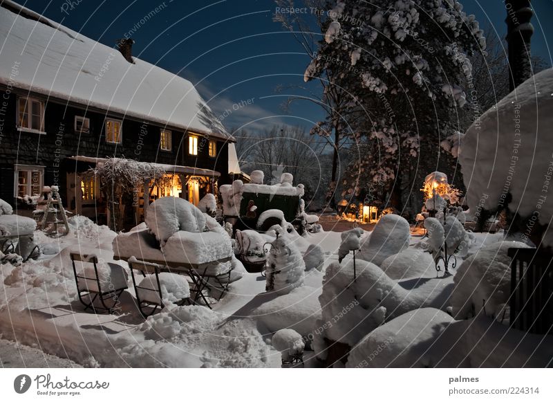 Home Sweet Home Environment Nature Clouds Night sky Snow Garden Dream house Building Architecture country estate Old Moody Colour photo Exterior shot Deserted