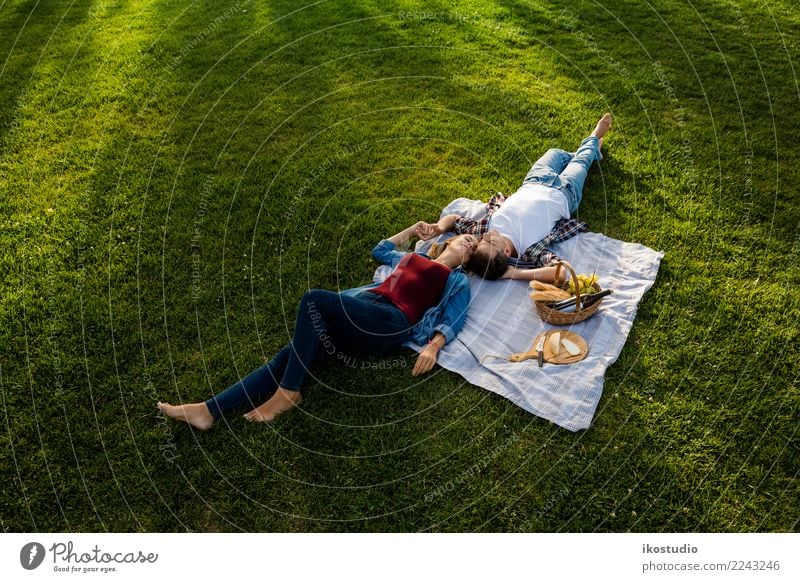 Young couple making a picnic Cheese Bread Lifestyle Happy Beautiful Relaxation Leisure and hobbies Summer Flirt Woman Adults Man Family & Relations Couple