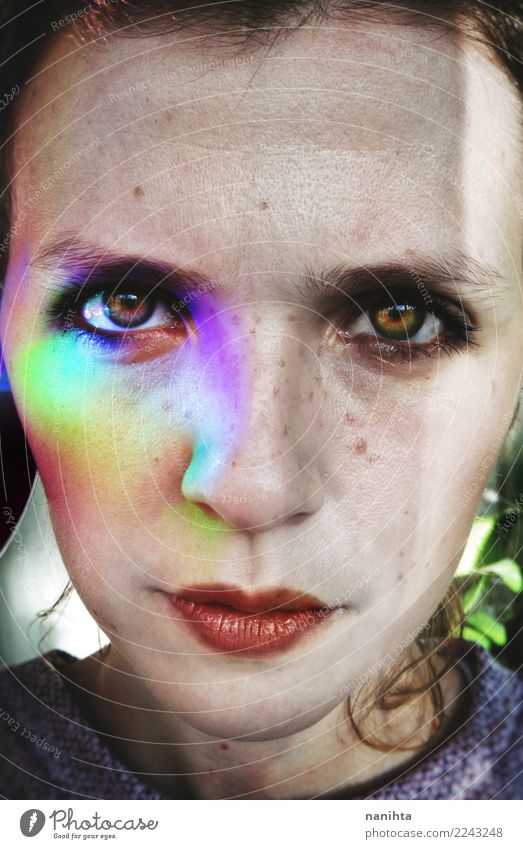 Close up portrait of a young woman with colored lights Design Beautiful Freckles Human being Feminine Young woman Youth (Young adults) Face 1 18 - 30 years
