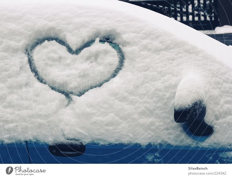 I Love Snow Winter Vehicle Car Heart Sincere Blue White Colour photo Exterior shot Day Heart-shaped Painted Symbols and metaphors Snow layer Car Window Deserted