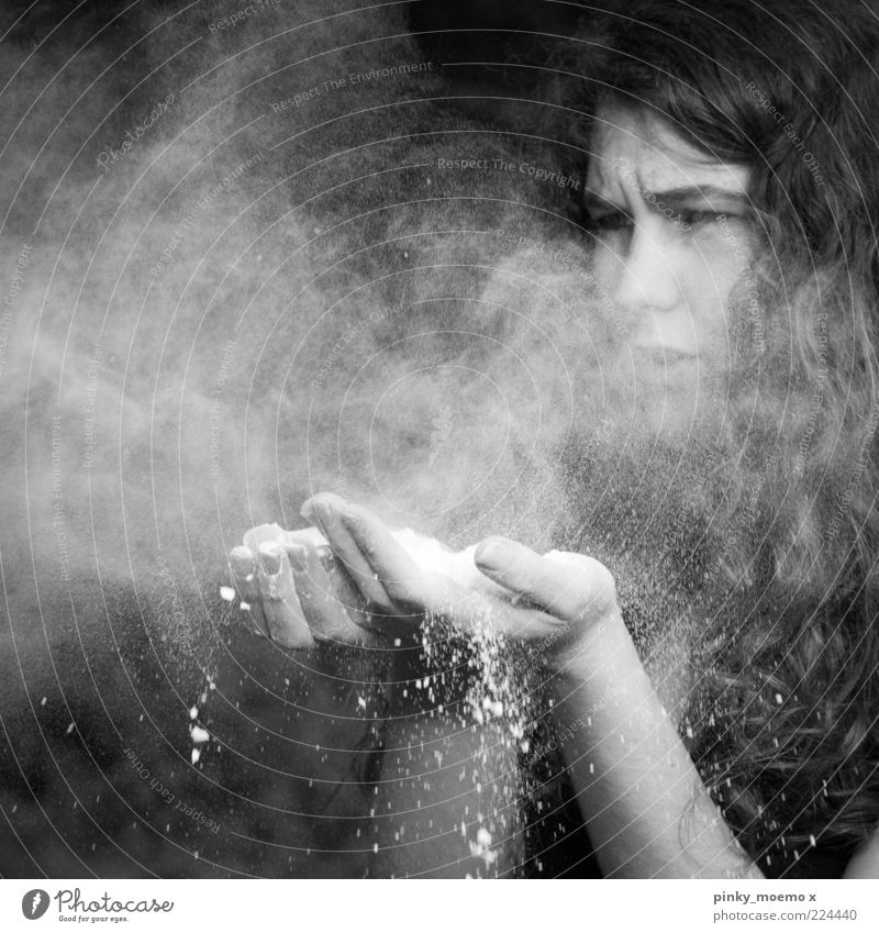 blow your thoughts away Feminine Young woman Youth (Young adults) Head 1 Human being Breathe Esthetic Moody Blow Haze Dust Black & white photo Exterior shot