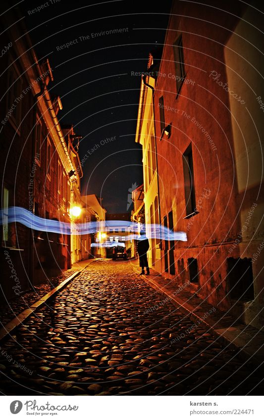 Alley at night Night life 2 Human being Cloudless sky Night sky Town Old town Lanes & trails Going Serene Idea Inspiration Time Exterior shot Evening Shadow