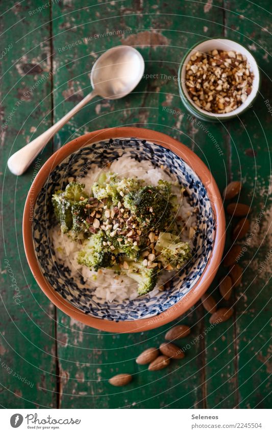 broccoli rice Food Vegetable Almond Rice Broccoli Nutrition Eating Lunch Dinner Organic produce Vegetarian diet Diet Fasting Vegan diet Bowl Spoon Fresh Healthy