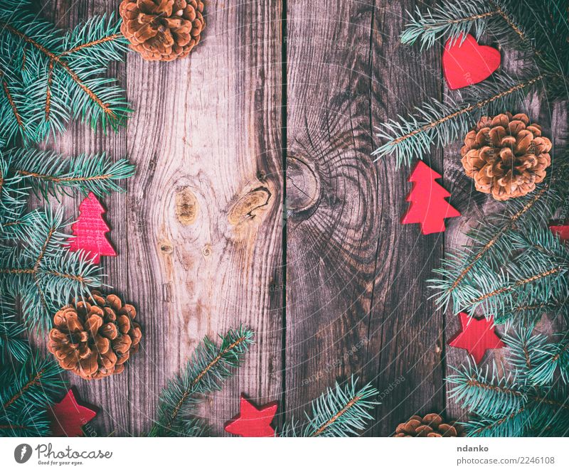 gray wood background with green spruce Winter Decoration Feasts & Celebrations Christmas & Advent New Year's Eve Tree Wood Old Fresh Gray Green Red Seasons