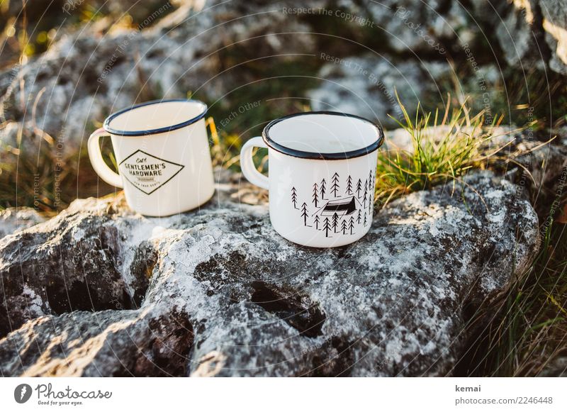 outdoor essentials Cup Mug Enamel Harmonious Well-being Contentment Calm Leisure and hobbies Trip Freedom Camping Mountain Hiking Nature Beautiful weather Grass