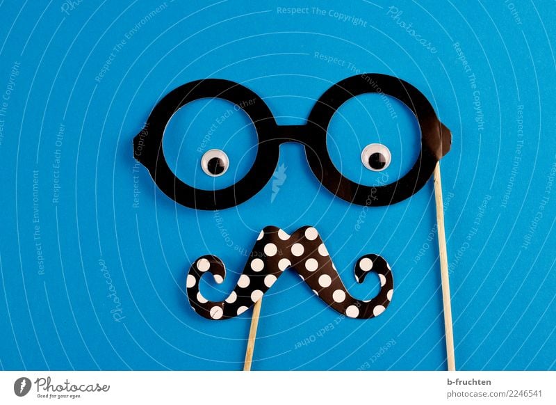 Hi! Face Eyes Eyeglasses Facial hair Moustache Sign Observe Looking Happiness Cliche Blue Black Cool (slang) Idea Identity Uniqueness Requisite Cardboard Man